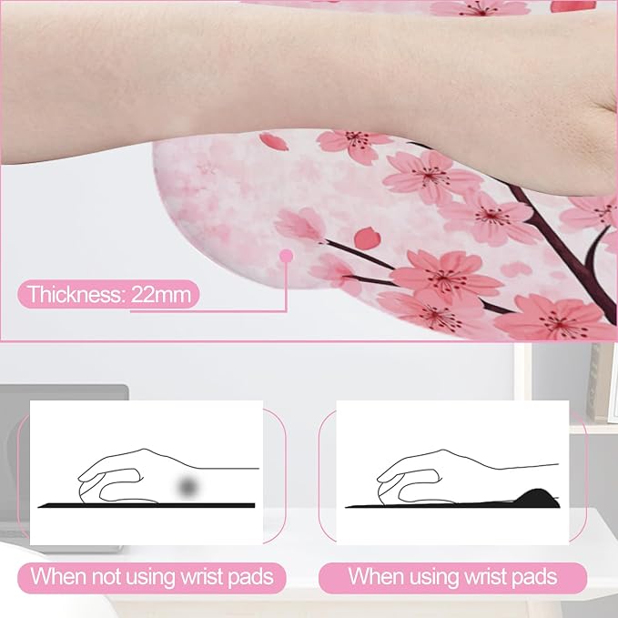 Cherry Blossom Pink Flower Mouse Pad with Wrist Rest Set, 3-in-1 Wrist Support Mousepad Set, Gaming Mat Pad with Anti-Skid Base,Ergonomic Memory Foam Mouse Pad Set for Women, Office, Typing, Gaming