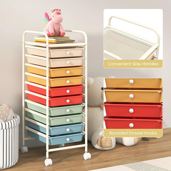 COSTWAY 10-Drawer Rolling Storage Cart, Utility Mobile Trolley | Removable Drawers & Universal Casters & 2 Brakes, Versatile Flexible Drawer Organizer Cart for Home, Office (Macaron)