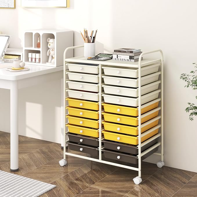 RELAX4LIFE 20 Drawer Rolling Storage Cart, Mobile Rolling Cart w/Drawers for School Classroom Teacher Office Home Salon, Paper File Art Supply Craft Organizer, Utility Cart on Wheels (Yellow)