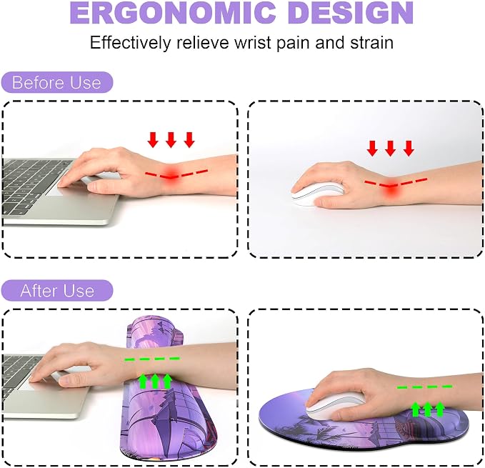Ergonomic Mouse Pad with Wrist Rest and Keyboard Wrist Rest, Mousepad | Memory Foam Wrist Rest for Computer Keyboard, Pain Relief, Non-Slip Base, Mouse Pad Wrist Support for Gaming, Purple Beach