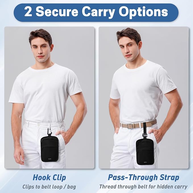 Anti-Theft Belt Waist Travel Wallet Hidden Passport 3-Zone Clip Carabiner | Water-resistant fabric with RFID blocking liner, fits passport, tickets, cards, and cash in 3 zones
