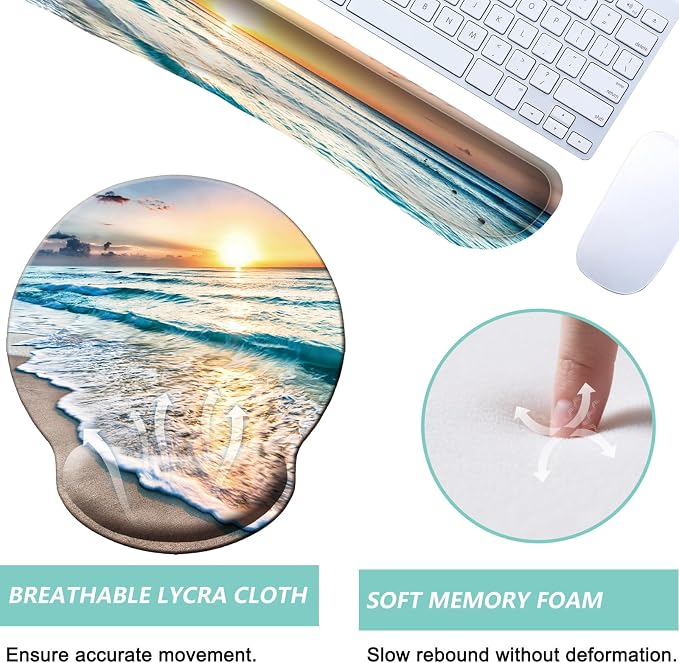 Keyboard Wrist Rest Pad Mouse Pad with Wrist Support Set of 3, Mousepad with Non-Slip Rubber Base, Ergonomic Memory Foam Mouse Wrist Cushion Support for Home Office Laptop Computer Gaming, Beach