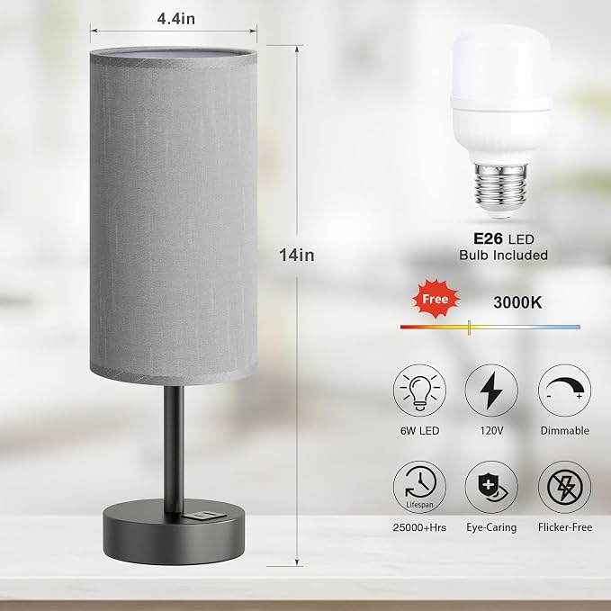 Dicoool Bedside Table Lamp for Bedroom - 3-Way Dimmable Touch Lamp, USB A+C | LED Bulb Included, 14" Small Nightstand Lamp for Desk, Living Room, Guest Room, Grey Fabric Lampshade, Grey Metal Base