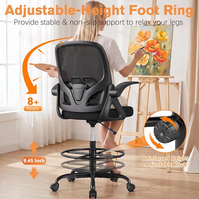 ORRSAKER Drafting Chair, Tall Office Chair with Flip-up Arms, Mesh Ergonomic Computer Standing Desk Chair with Adjustable Height Foot Ring and Lumbar Support, 300 LBS Capacity, Black