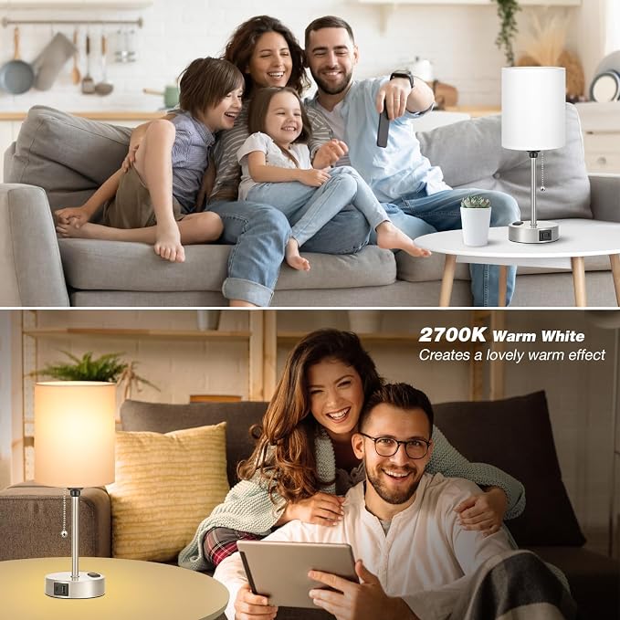 White Bedside Lamp for Bedroom - 3 Color Temperatures Desk Lamp with USB C and A Ports, Pull Chain Table Lamp with AC Outlet, Nightstand Lamp with Silver Metal Base for Kids Girls | USB A+C Ports, AC Outlet, 3-Color Temps, LED Bulb Included, White Fabr...