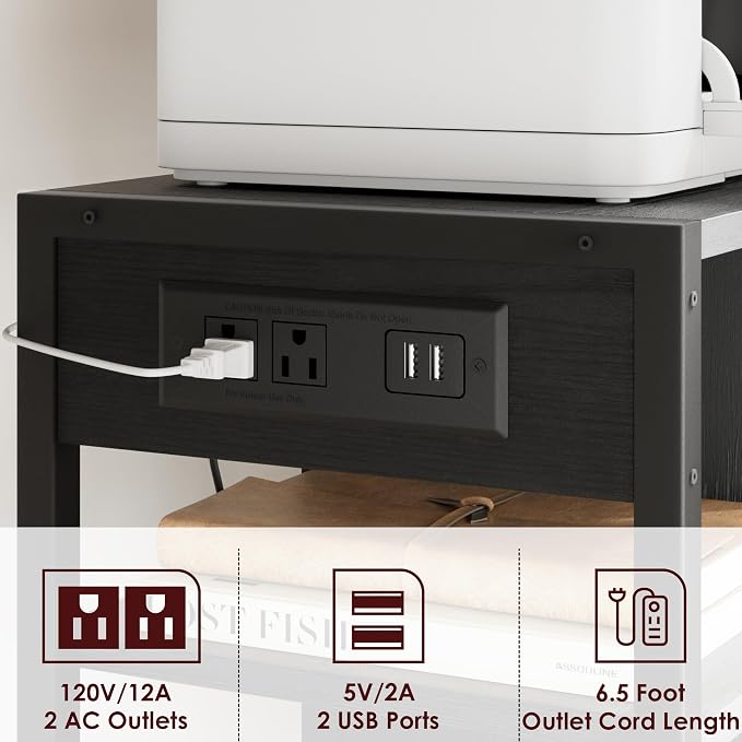 Garvee 3-Tier Printer Stand, Rolling Under Desk Printer Cart with Lockable Wheels, Industrial Mobile Printer Table with Power Outlets, USB Ports & Paper Storage Shelf for Home, Office, Retro Black