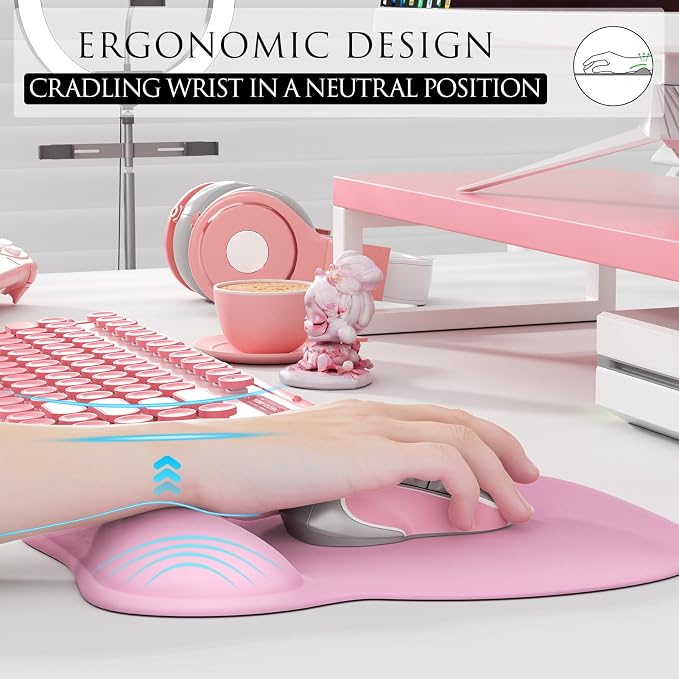 MROCO Ergonomic Mouse Pad with Gel Wrist Rest, 9.4 x 8.1 in, Pale Pink | Ergonomic Shape Design, Multiple Pattern Options, Gel Wrist Comfort, Smooth Lycra Surface, Non-Slip PU Base