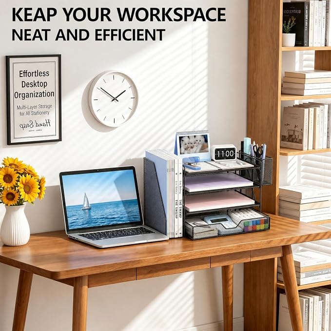 Desk Organizers and Accessories, 4-Tier Desktop File Organizer with Drawer and Pen Holders, Office Desk Accessories Workspace Organizers for Office Supplies (Soft Black)