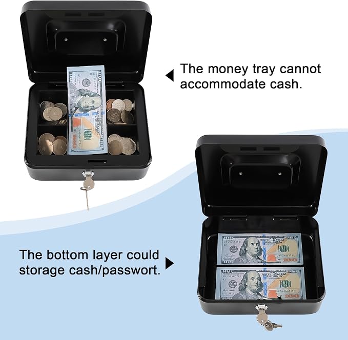 KYODOLED Medium Cash Box with Removable Money Tray, Key Lock Metal Storage Box with 2 Keys & Portable Handle, Safe Cash Drawer, 7.87"x 6.30"x 3.54", Black