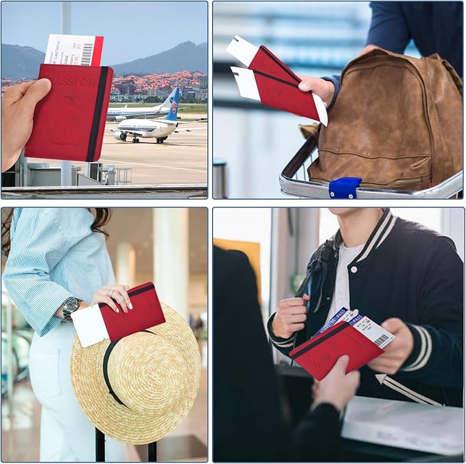 Passport Holder, Passport Cover with Credit Card Slot and Boarding Pass Slot Combo, Passport Wallet Case Book Travel Must Have, RFID Blocking Leather Travel Accessories, Red