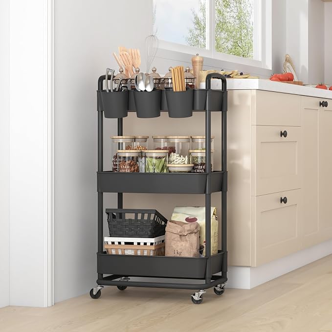 3-Tier Plastic Rolling Storage Cart Utility Cart Black | Utility Cart with Extra Hanging Cups Arc-Shaped Handles Lockable Wheels for Living Room Bathroom Kitchen Office