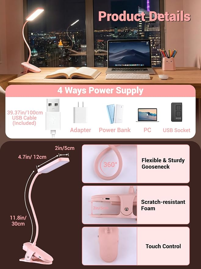 Pink Desk Lamp for Dorm Lamp, 9 Brightness+5 Color Clip on Light, Cute Lamp | 4000mAh Battery Rechargeable, Small Pink Lamp for Girls/Kids, Cordless Clip on Reading Light for Bed/Headboard/Bedside Table
