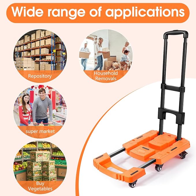 Voipvvii Folding Hand Truck500lbs, Portable Heavy Duty Dolly Cart, 6 Wheels Collapsible Luggage Cart with 2 Elastic Ropes - Compact Trolley Cart for Easy Moving - Ideal Hand Cart for Travel and More