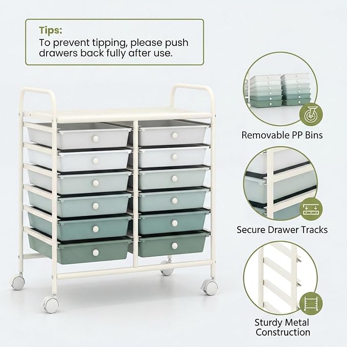 COSTWAY 12-Drawer Rolling Storage Cart, Utility Storage Organizer Cart | For Tools, Scrapbook, Paper, Craft, Multipurpose Art Supply on Wheels for Home Office School, Teacher, Green Gradient