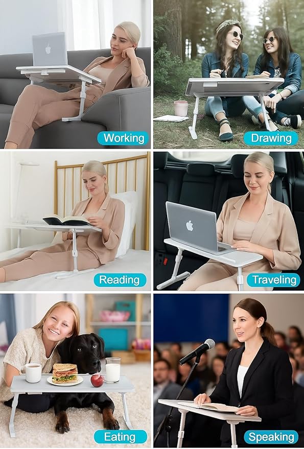 Lap Table, Foldable Adjustable Laptop Lap Desk for Bed and Sofa, X-Large with 2 Drawers, Grey