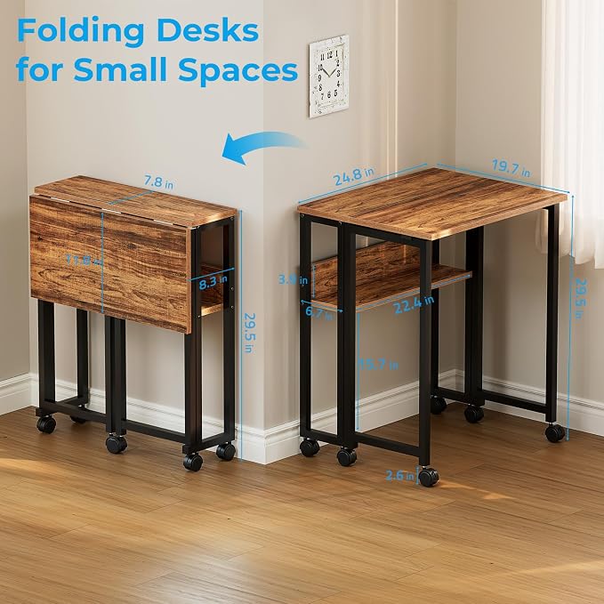 GreenForest Folding Desk with Wheels, 24.8" Rolling Table for Small Spaces | Storage Shelf, Lockable Casters, Compact Portable Workstation, Space-Saving Foldable Sofa Table, Home Office, Mobile, Walnut