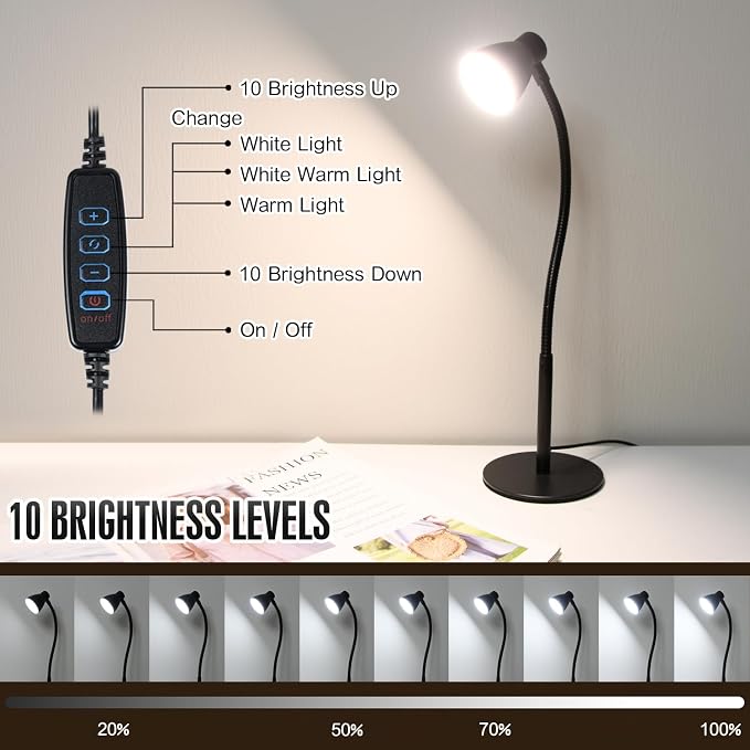 Small Dimmable Gooseneck LED Desk Lamp for Home Office, CRI 90+ Eye-Caring Reading Light, Adjustable Brightness, Perfect for Study Desk (Adapter Included)