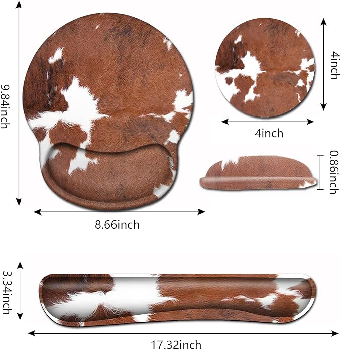 Keyboard Wrist Rest and Mouse Pad with Wrist Support Ergonomic Mousepad Coaster, Easy Typing Pain Relief Keyboard Set, Memory Foam Keyboard Wrist Rest,Cowhide Farm Animal Skin Leopard Brown Cow