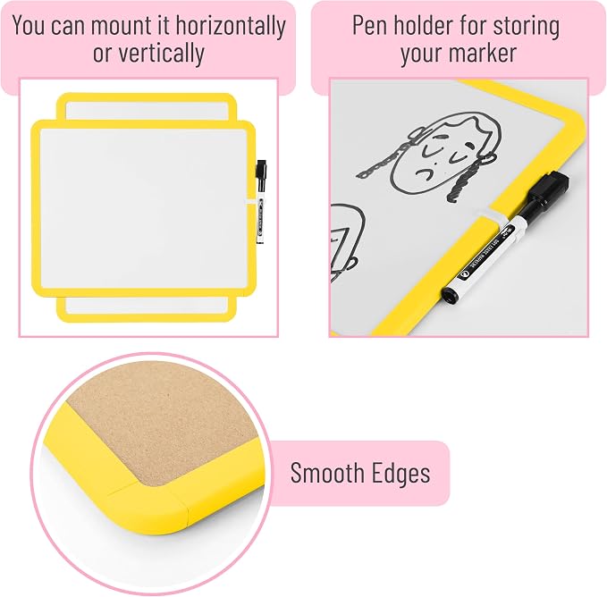 Mr. Pen- Dry Erase Board, 14” x 11” with a Black Dry Erase Marker | Yellow Frame, Small Mini White Board for Students, Fridge, Wall, Locker, Includes Double Sided Tapes