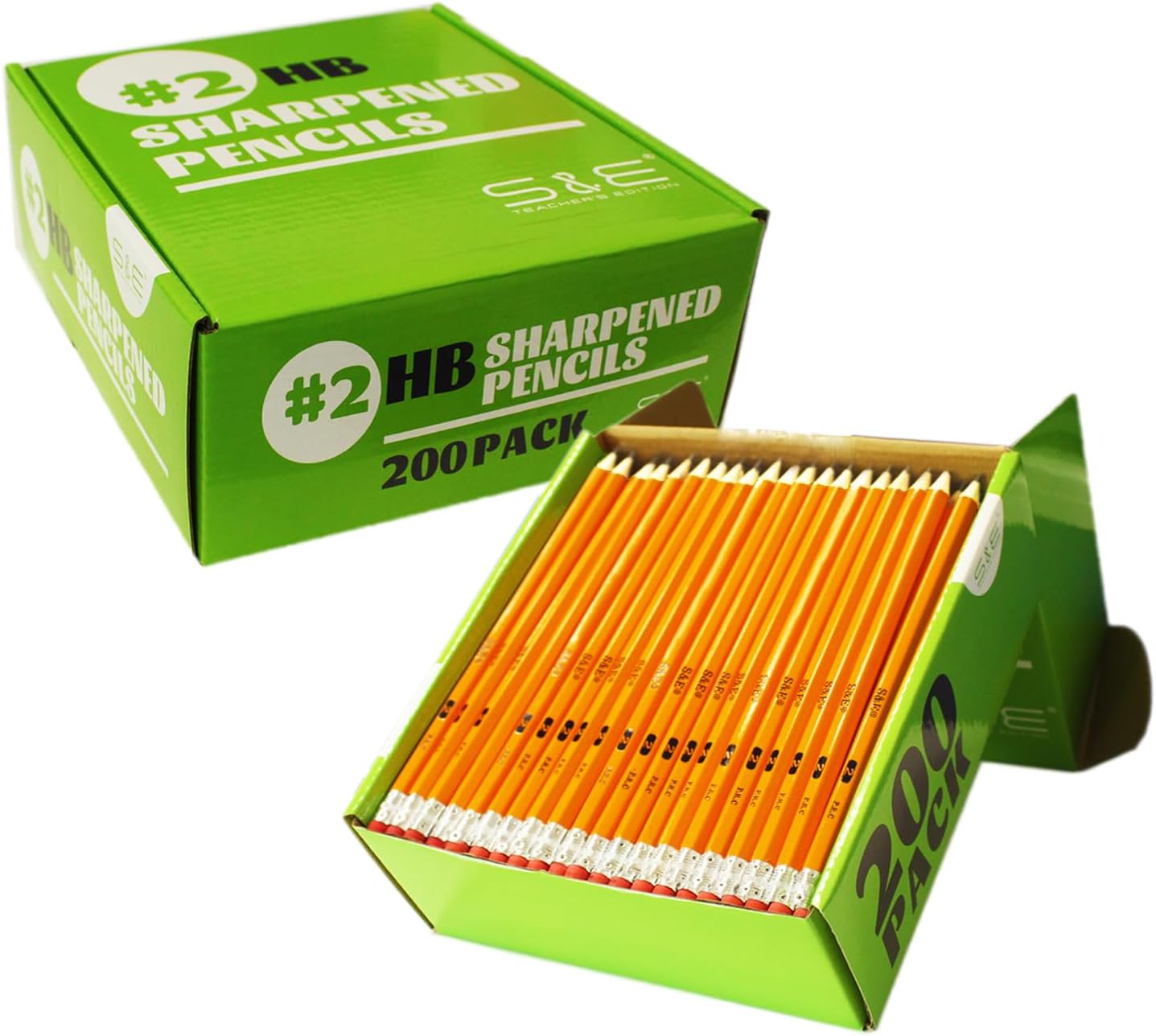 S & E TEACHER'S EDITION Woodcased #2 Pencils, Pre-sharpened, HB Lead Bulk Box, Pencils No. 2, Yellow, with Erasers, Back to school, 200 Pcs