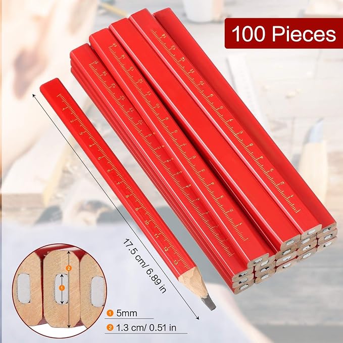 Zonon 100 Pieces Carpenter Pencils Bulk Octagonal Red Hard Black Carpenter Construction Pencils for Woodworking Marking and Concrete Marking