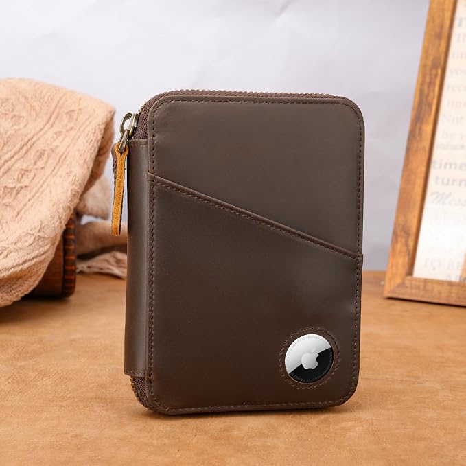 Polare Leather Pilot Wallet Passport Holder RFID Blocking Tri-fold Travel Cover Document Organizer for Aviation Professionals (Dark Brown(YKK Zipper with AirTag Slot))