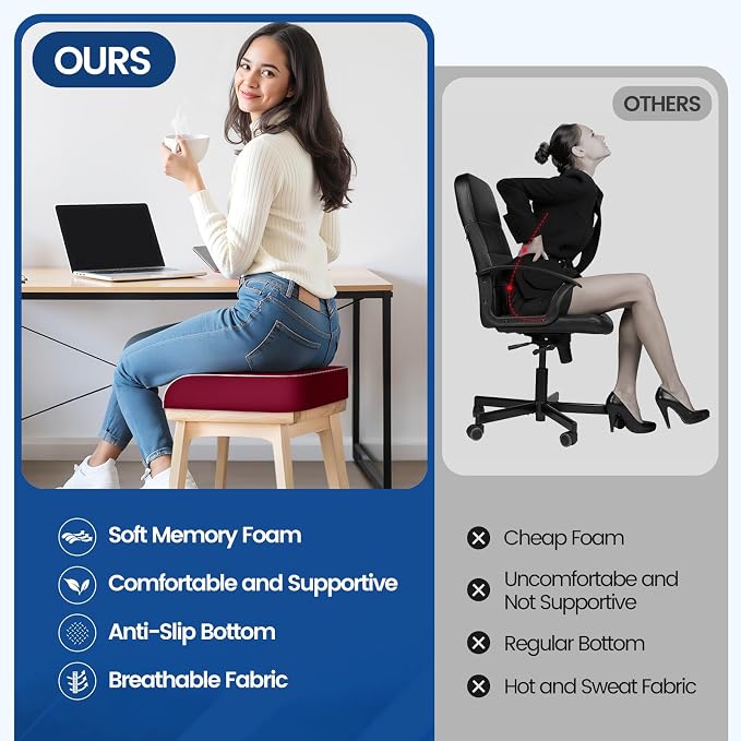 SweetSlubr Seat Cushion for Tailbone Pain Relief, Office Chair Cushion, Memory Foam Large Chair Pad with Non-Slip Cover for Soft Support at Office Chair, Car Seat, Airplane Red/2X-Large
