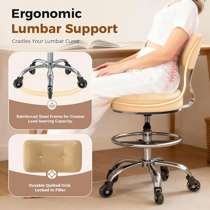 Office Drafting Chair with Footrest, Tall Height Adjustable Stool with Back Support, Heavy Duty Rolling Stool Chair with Wheels for Office Home Kitchen Bar Shop Guitar Studio Vanity, White