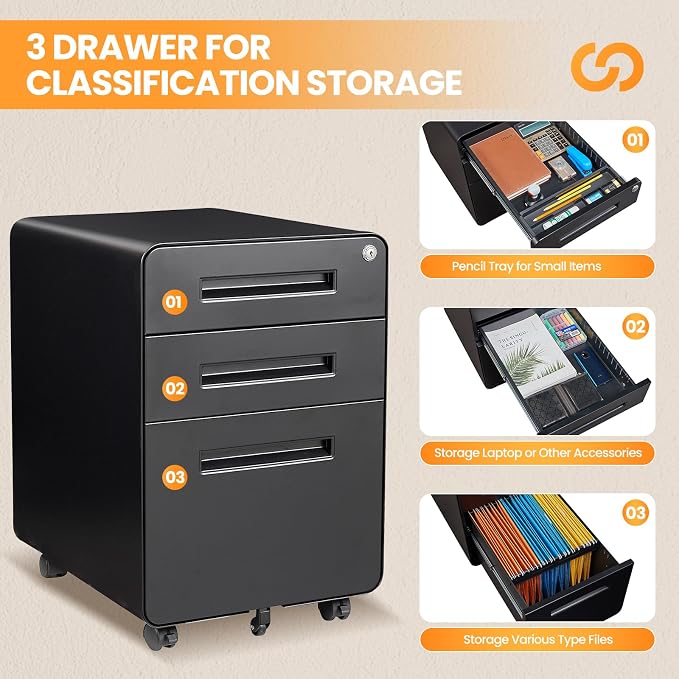 3 Drawer File Cabinet, Fully Assembled Mobile File Cabinets with Lock for Home Office, Metal Rolling Filing Caninet on Wheels, Three Drawer Under Desk Cabnet for Letter/Legal / A4 - Black
