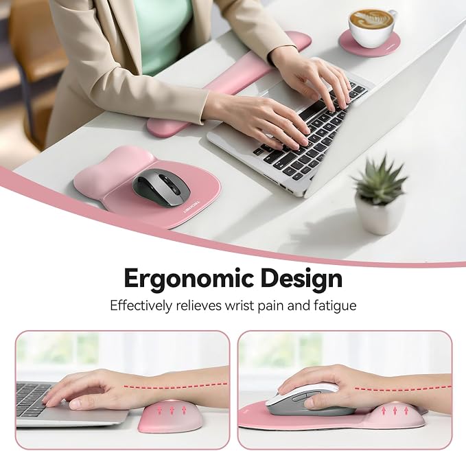 TECKNET Gel Ergonomic Mouse Pad & Keyboard Wrist Rest & Coaster | 3 in 1 Set, Pain Relief, Milk Silk Cloth, Non-Slip PU Base, Easy Typing, Memory Foam Wrist Support for Office & Home