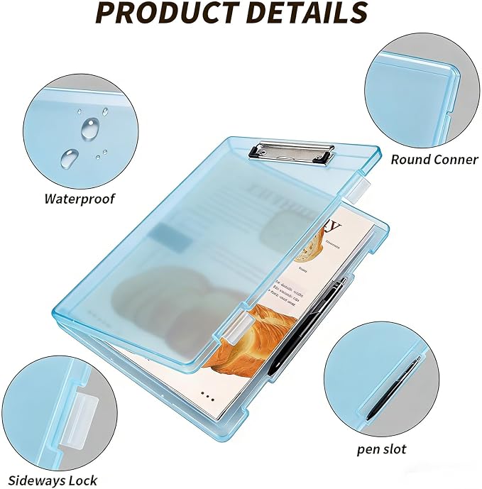 Letter Size Clipboard with Storage 8.5 * 11, Plastic Clear Blue Clipboard File Box A4 Nursing Clip Board for School & Office with Christmas Stickers (Clear Blue)