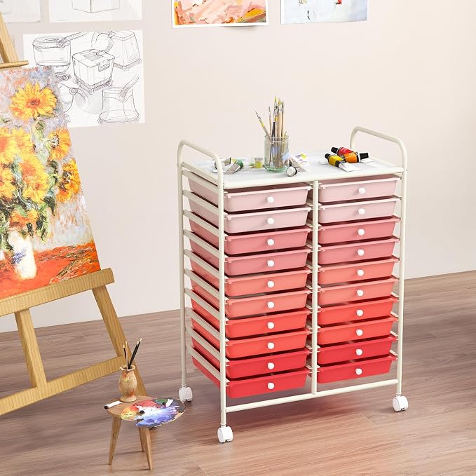 COSTWAY 20-Drawer Rolling Storage Cart, Utility Storage Organizer Cart | For Tools, Scrapbook, Paper, Craft, Multipurpose Storage Trolley on Wheels for Home Office School (Mixed Pink)