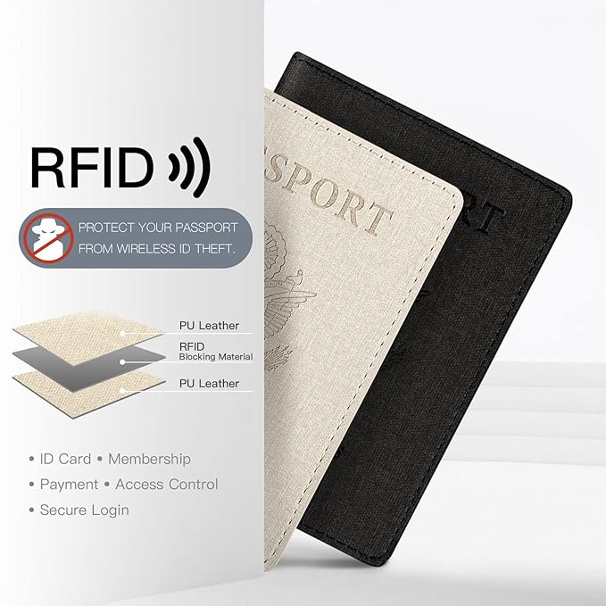 2 Pack Passport Cover With Card Slots RFID Blocking-White&Black | PU Leather Lightweight slim travel passport cover wallet with 4pcs RFID Blocking Credit/ID card slots