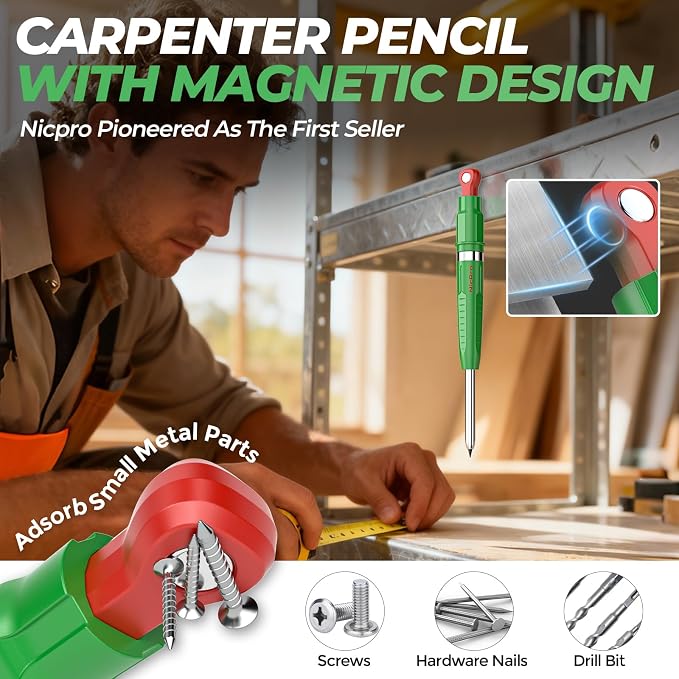 Nicpro 7-in-1 CP5000 Magnetic Carpenter Pencils with Sharpener and Holster | Construction Mechanical Pencil+10 Refill, Deep Hole Marker for Construction, Woodworking Pencil, Carpenter Tools for Marking