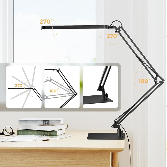 LED Desk Lamp with Slim Base - Adjustable Swing Arm Desk Light, Dimmable, Timer, Eye Protection, Memory Function, 1300LM, 12W, Black