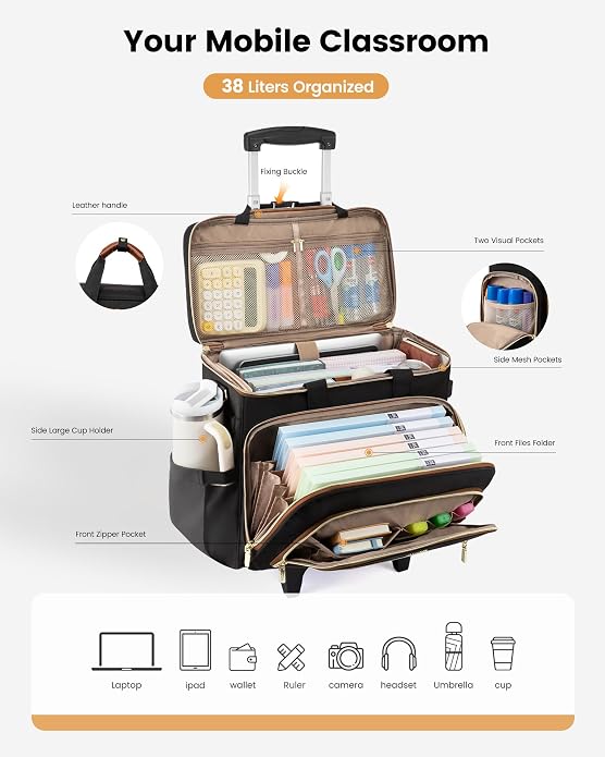 LOVEVOOK Rolling Teacher Bag, Laptop Tote with Detachable Dolly | Fits 17.3 Inch Laptop, Detachable Dolly, Large Rolling Tote Bag for Teacher Office Work Nurse, Adjustable Handle