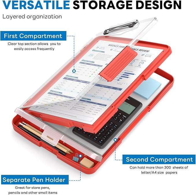 Clipboard with Storage and Pen Holder, Red 8.5 x 11'' Folder Side Open, Heavy Duty with Dual Compartment, Clear Dry Erase for Coach, Size 14.5 x 9.8 x 1.5'', Office & School Supply
