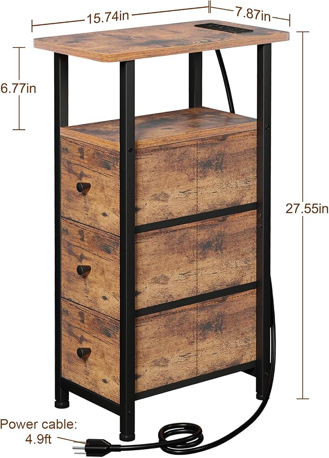 Narrow End Table with Charging Station, Small Nightstand | Skinny Side Tables Living Room with 3 Fabric Drawers, Slim Bedside Table for Bedroom, Small Spaces, Couch, Brown