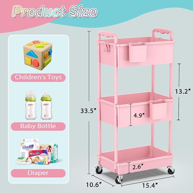 SUNALLY Baby Diaper Caddy Cart, 3 Tier Rolling Diaper Cart for Nursery,Pink | Large Capacity & Easy Assemble Diaper Storage Organizer with Lockable Wheels for Newborn, New Mom, Baby Girl Boy Essentials