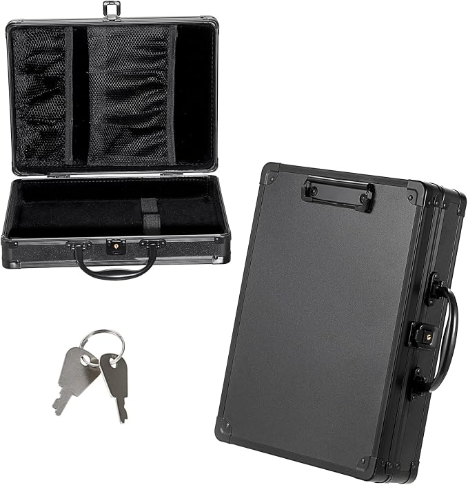 Clipboard Storage Box with Key Lock, Aluminum Case with Metal Clip | 12x9 Inch, Portable Clipboard Case, Small Briefcase, Heavy Duty Metal Paper Organizer, for Office Business Men, Black