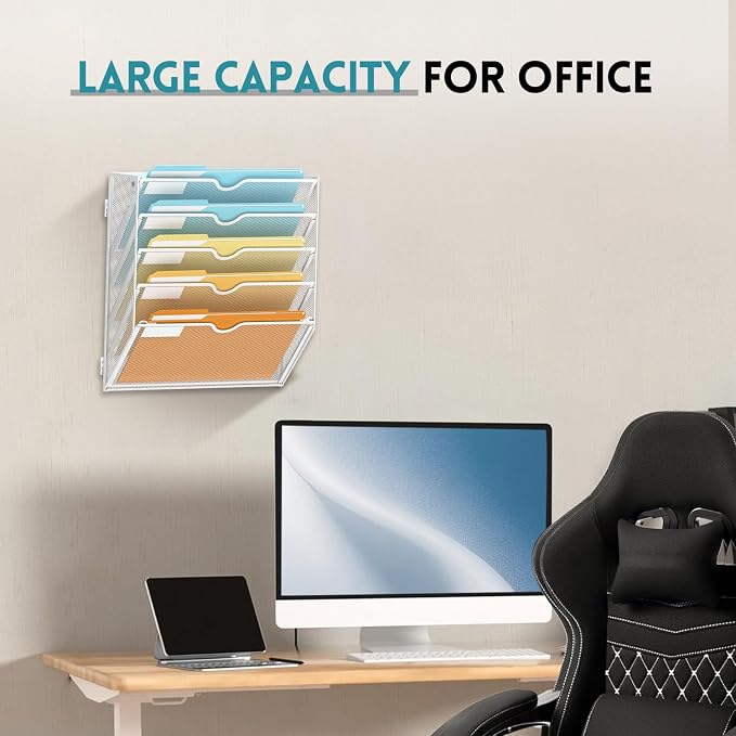 5 Tier Wall File Organizer, Hanging Wall Mounted Mail Organizer with Label Slots, Metal Mesh File Holder Magazine Rack for Office, Home, School or Classroom, White