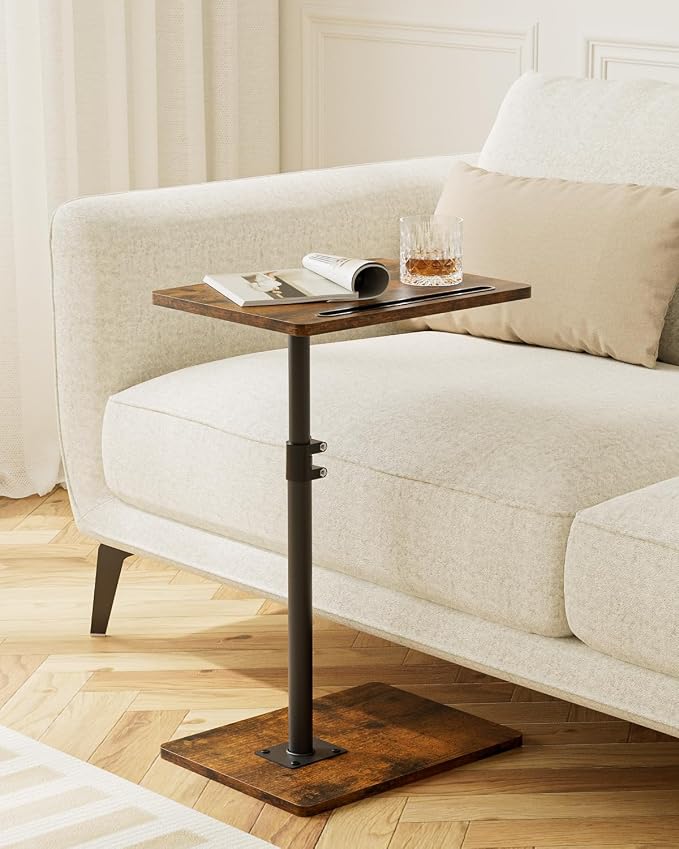 Masupu Sofa Arm Tray Table - 360° Swivel Height Adjustable End Table, Small Snack Side Table for Couch, C Shaped Table for Bed, Chair or TV Tray Table(Rustic Brown)