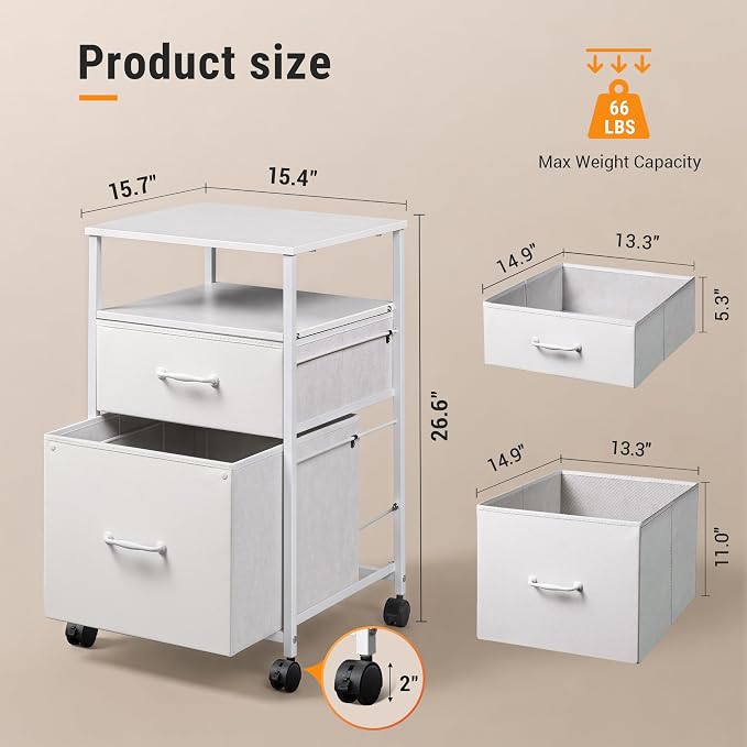 DEVAISE 2 Drawer Fabric Vertical Filing Cabinet, Rolling Printer Stand, White | Rolling Printer Stand, Fabric Vertical Filing Cabinet fits A4 or Letter Size for Home Office, White