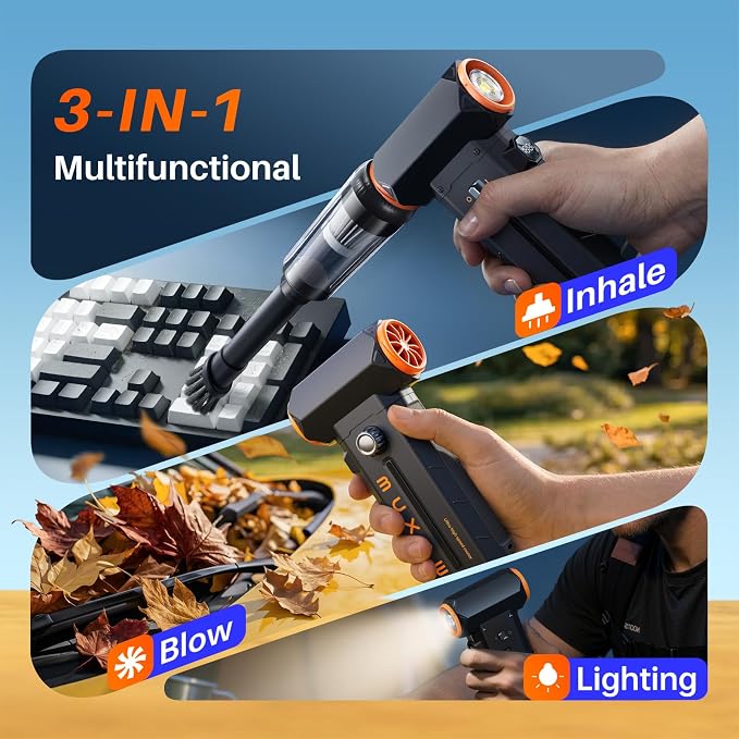 MUXNW 2-in-1 Air Duster & Vacuum, 130000 RPM | 8000mAh USB-C, 100-speed, blower/vacuum for PC, keyboard, car, home. Cordless mini 2-in-1