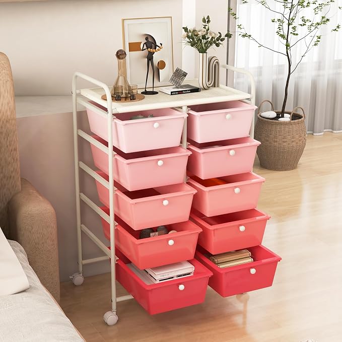 RELAX4LIFE Rolling Storage Cart with 10 Drawers - Craft Storage Cart with Lockable Wheels,Utility Cart, Art Cart Organizer for Crafting Storage, Studio, Office, Home, School Rolling Drawer Cart