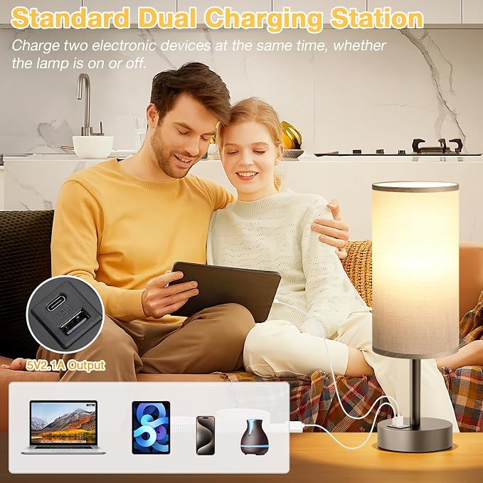 Dicoool Bedside Table Lamp for Bedroom - 3-Way Dimmable Touch Lamp, USB A+C | LED Bulb Included, 14" Small Nightstand Lamp for Desk, Living Room, Guest Room, Grey Fabric Lampshade, Grey Metal Base