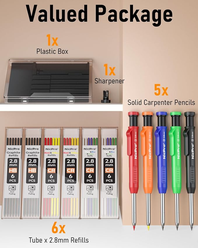 Nicpro 5 Pack Carpenter Pencil with Sharpener, Mechanical Carpenter Pencils | 41 Refills, Construction Pencil Heavy Duty Woodworking Pencils for Architect Marking (Red, Black, Orange, Blue, Black)