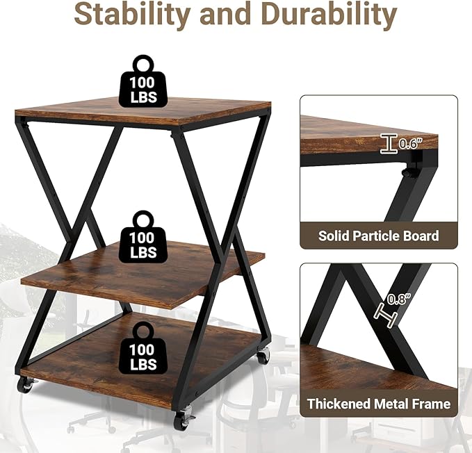 Natwind 3 Tier Printer Stand, 19.7''x19.7'' Large Printer Table with Height Adjustable Shelf, Rolling Printer Cart with Wheels,Multifunctional Organizer Shelf for Home Office Kitchen（Retro）