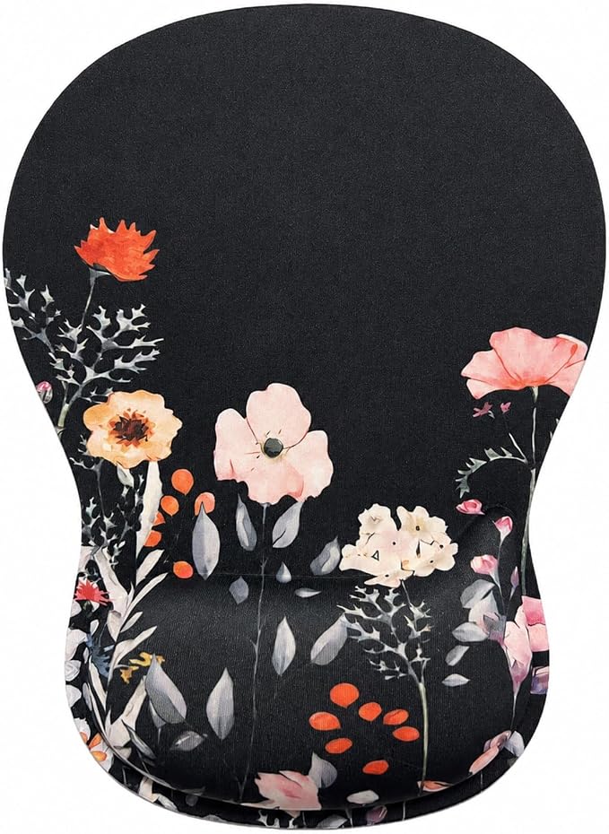 Mouse Pad with Wrist Rest Ergonomic Memory Foam Support, Non-Slip Rubber Base, Comfortable Typing Cushion for Home Office Computer Laptop, Flower Black