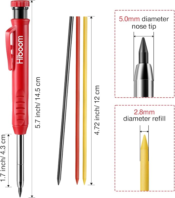 Hiboom 3 Pack Carpenter Pencil with 21 Refills (Yellow, Red, Black) | Long Nosed Deep Hole Marker, Mechanical Pencil, Built in Sharpener, Marks Dark Surfaces, Construction Woodworking Tools